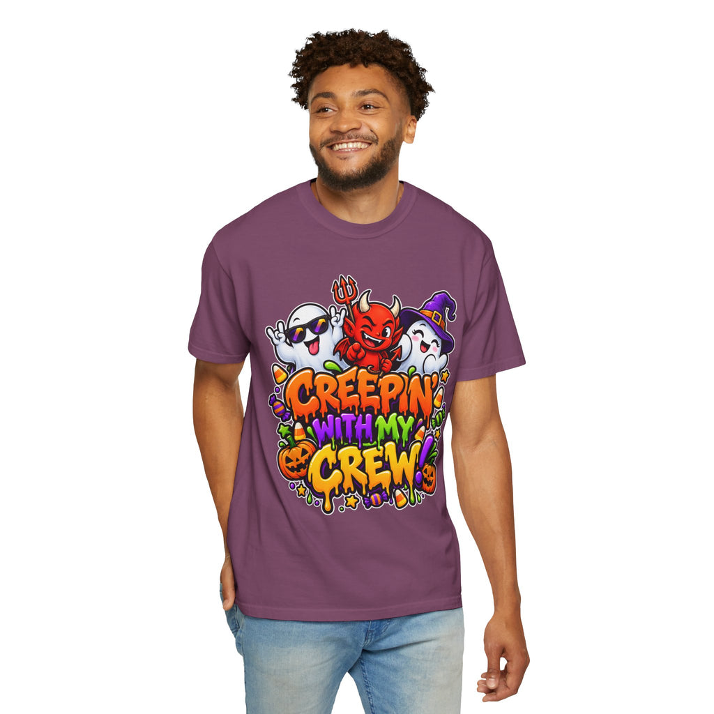 Creepin’ With My Crew Halloween T-Shirt – Colorful Funny Ghost & Devil Graphic Tee