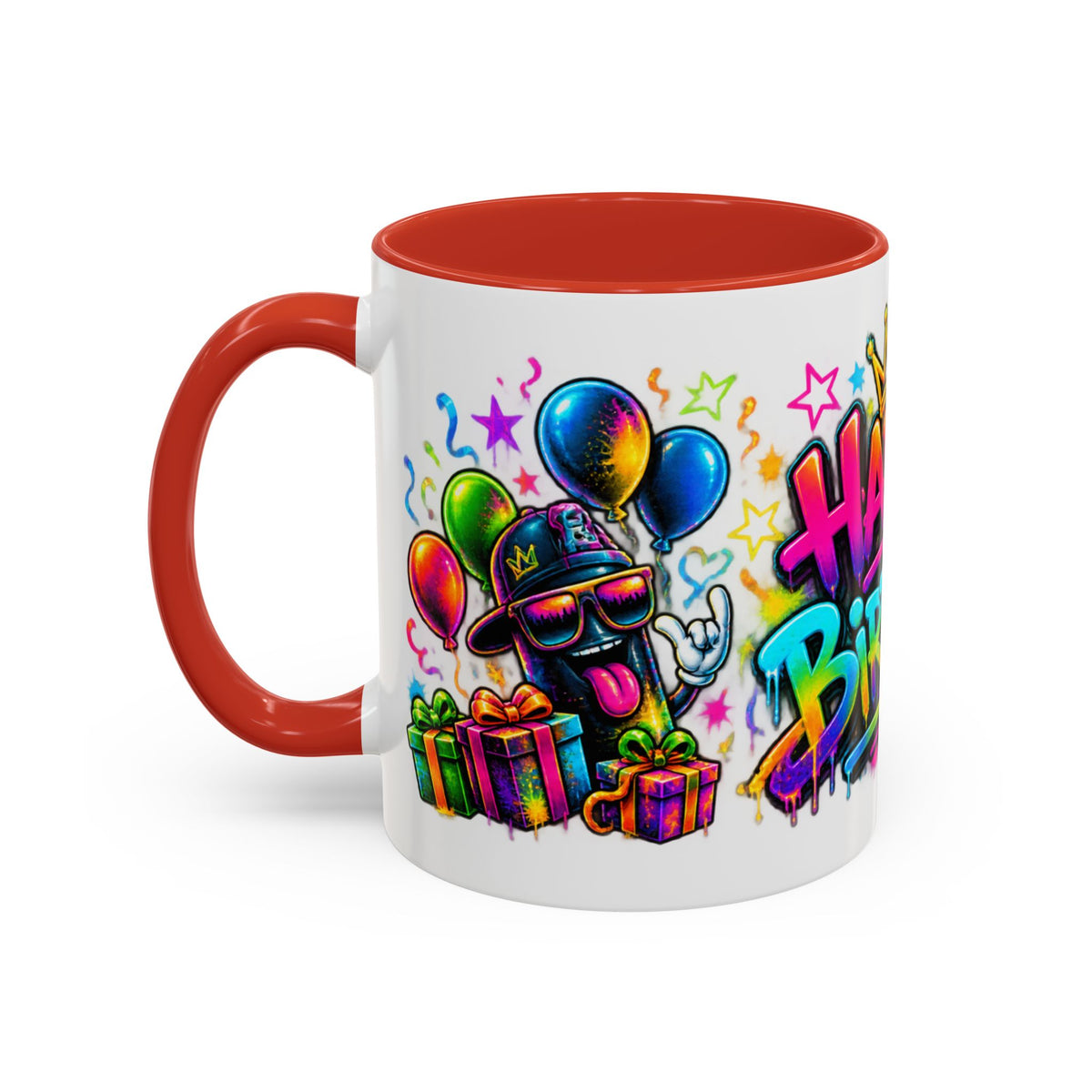 Happy Birthday Accent Coffee Mug – Colorful Graffiti Cake & Balloons (11/15oz)
