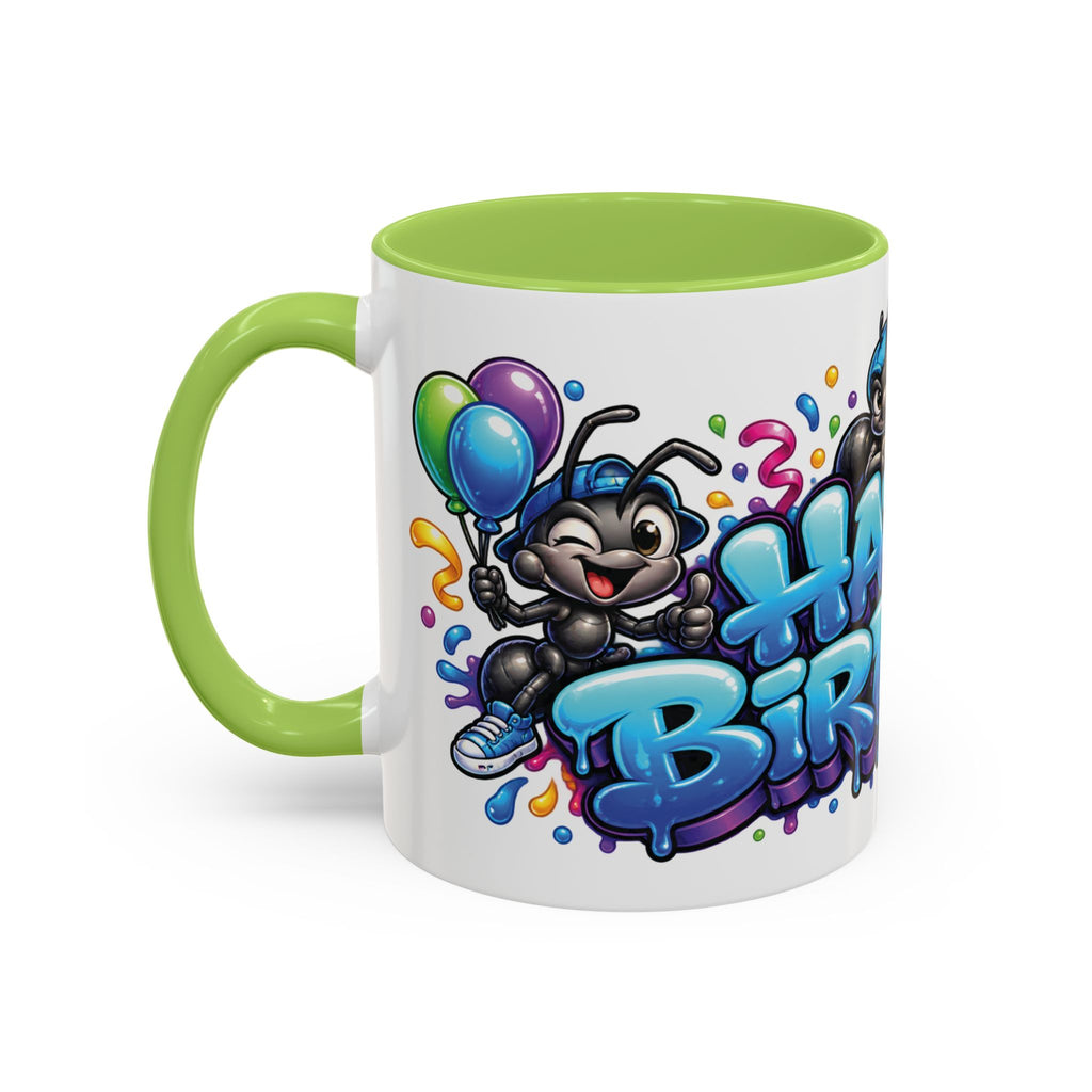 Happy Birthday Cartoon Mug – Graffiti Ants, Birthday Cake, Balloons & Confetti Coffee Cup