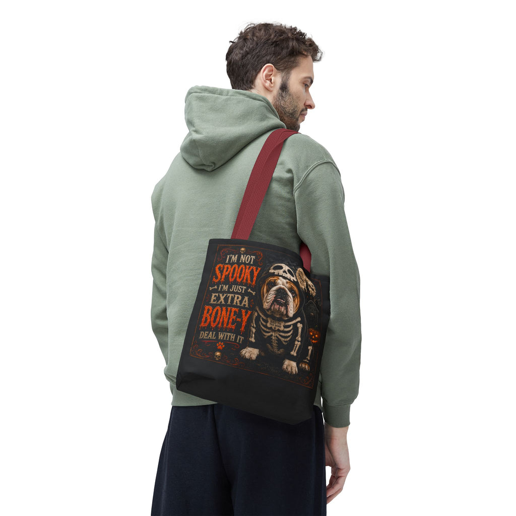 Halloween Bulldog Tote Bag – "I’m Not Spooky, I’m Just Extra Boney" All-Over Print