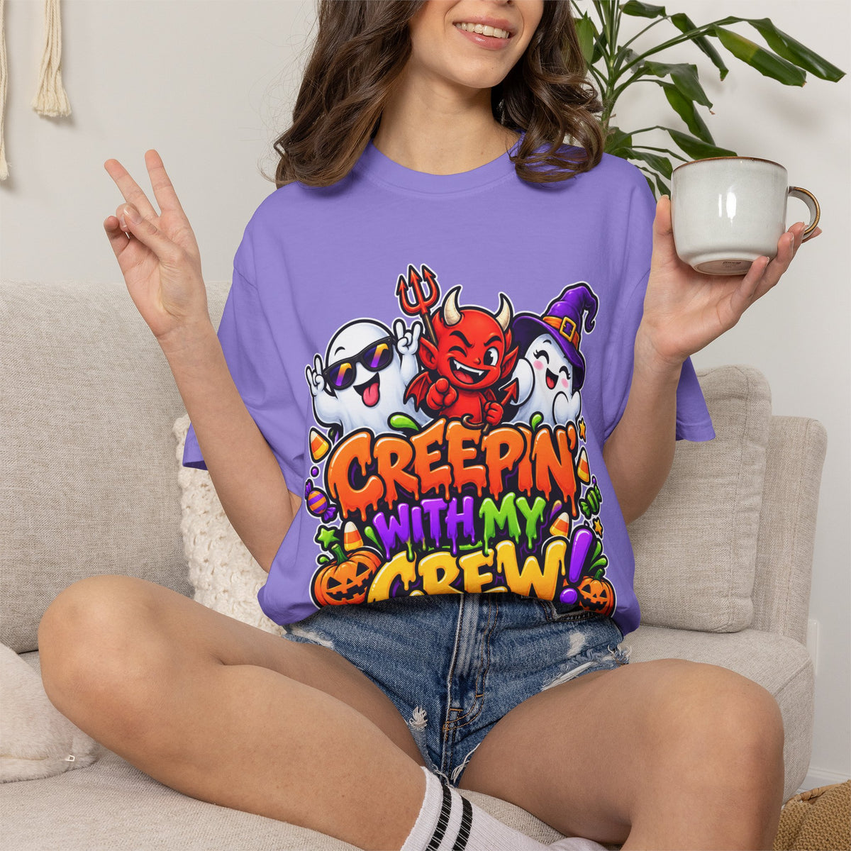 Creepin’ With My Crew Halloween T-Shirt – Colorful Funny Ghost & Devil Graphic Tee