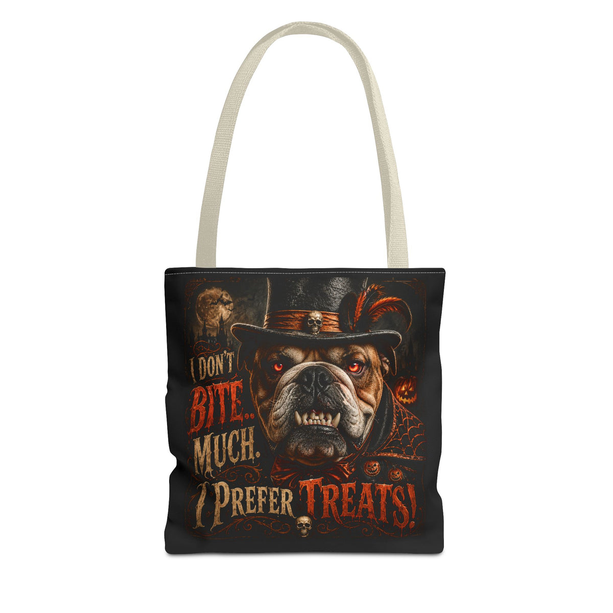 Halloween Bulldog Tote Bag — "I Don't Bite Much, I Prefer Treats" Candy‑Lovers Reusable Bag