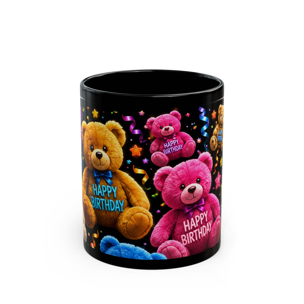 Happy Birthday Teddy Bear Mug — Colorful Black Birthday Coffee Cup (11oz/15oz)