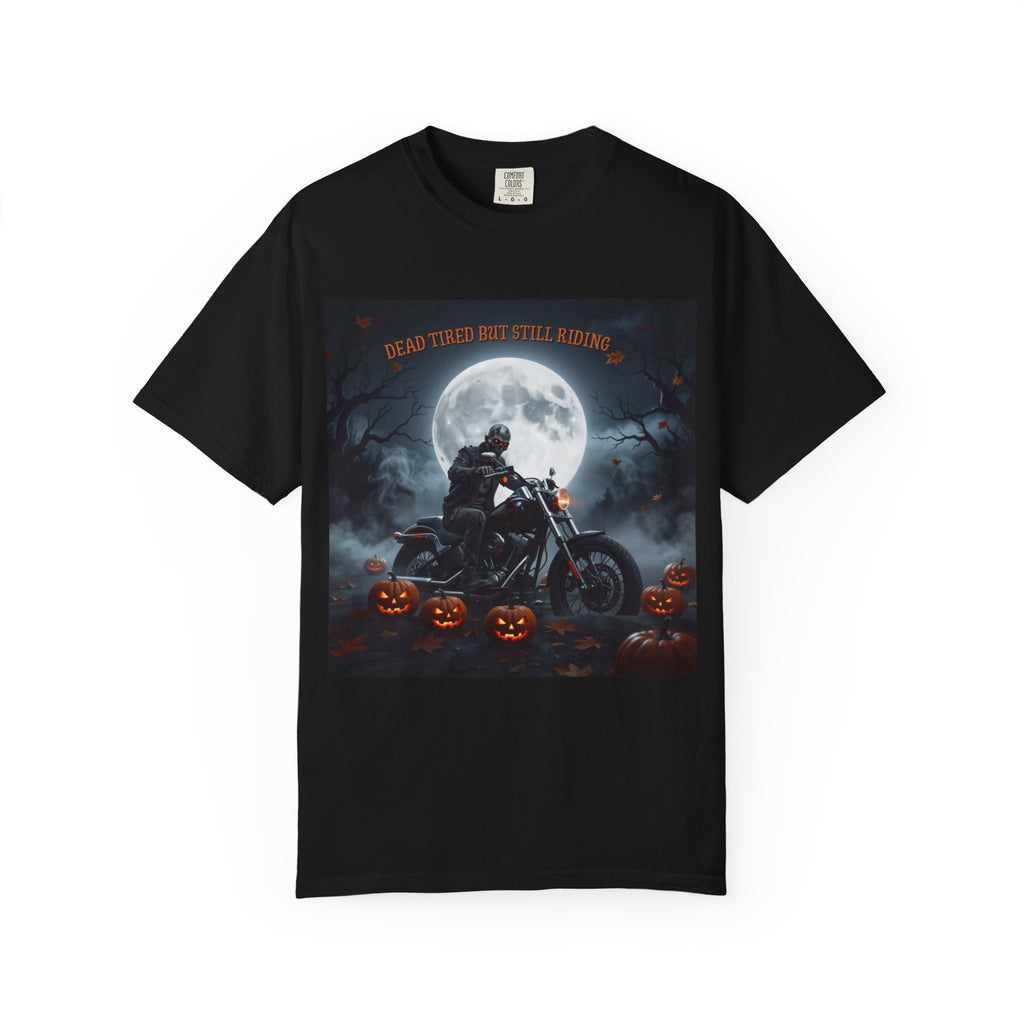 Halloween Motorcycle T-Shirt – 'Dead Tastes But Still Riding' Rider Skull Tee
