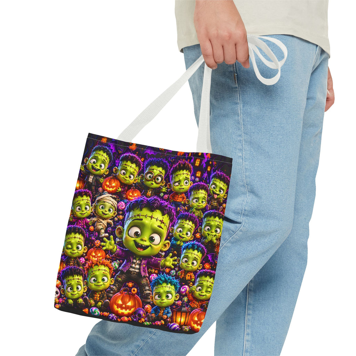 FestoraShop Funny Frankis Halloween Tote Bag - Cute 3D Monsters & Pumpkins