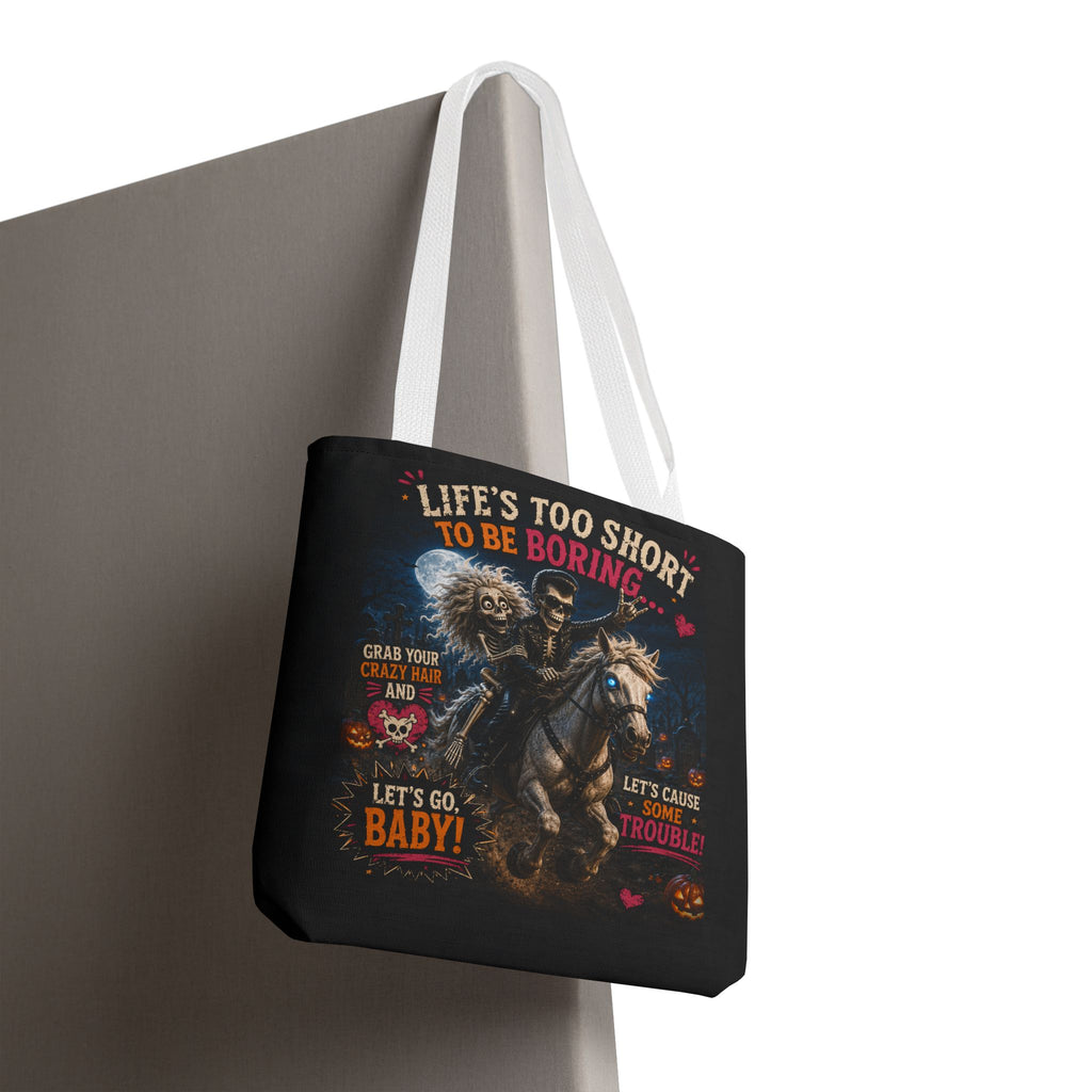 Life’s Too Short To Be Boring Tote Bag — Gothic Skeleton Rider Halloween Tote