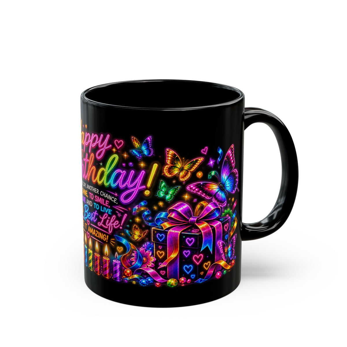 Birthday Black Mug – "Happy Birthday" Neon Gift Mug with Colorful Butterflies & Present