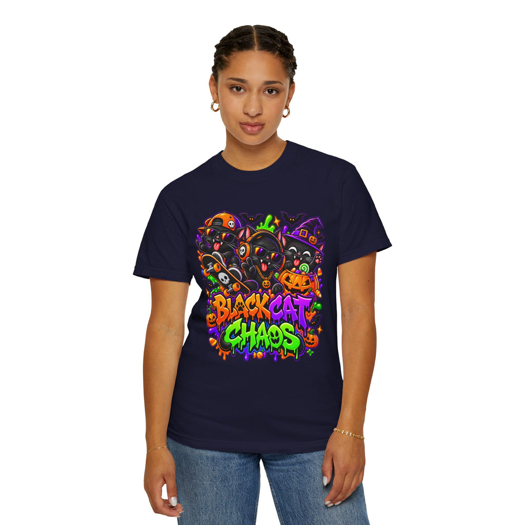 Neon Black Cat Halloween Chaos T-Shirt | Cute Spooky Cat Graphic Tee