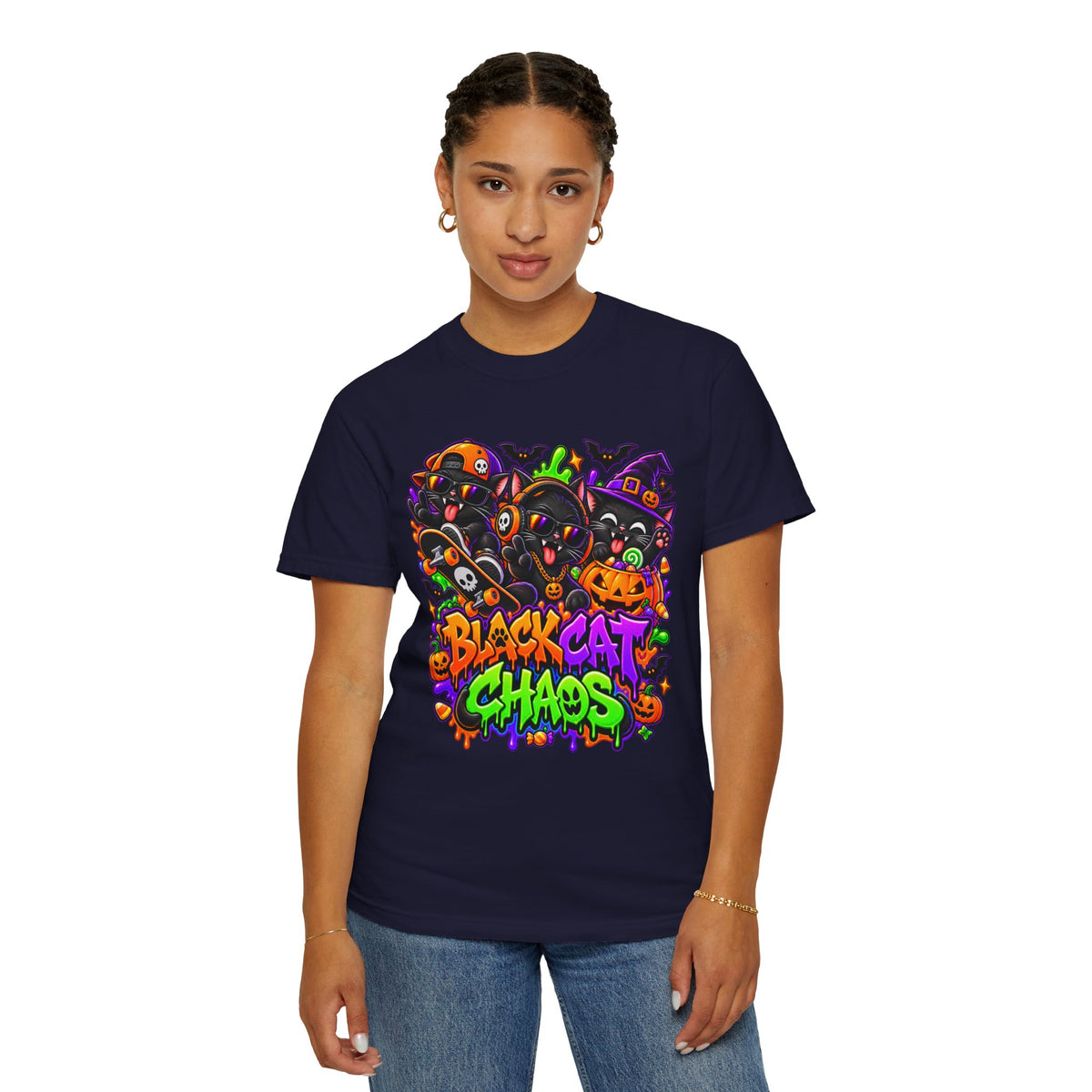 Neon Black Cat Halloween Chaos T-Shirt | Cute Spooky Cat Graphic Tee
