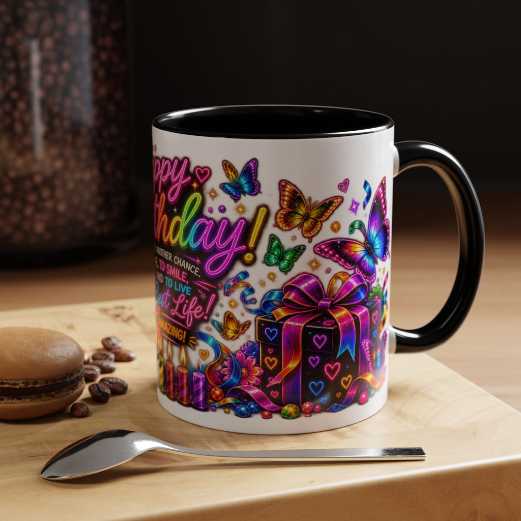 Birthday Coffee Mug – Colorful "Happy Birthday" Gift Mug with Butterflies & Candles