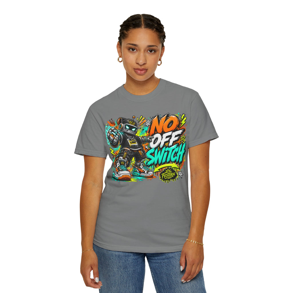 No Off Switch Robot Graphic T-Shirt — Bold Retro Streetwear Design