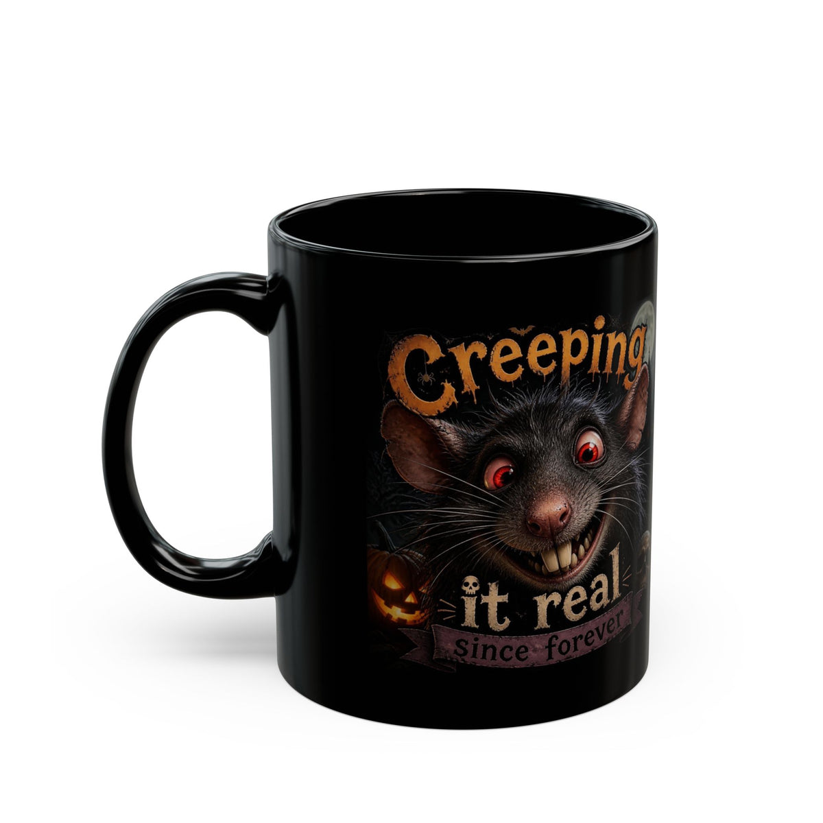 Creeping It Real Black Mug — Halloween Black Cat & Pumpkin Coffee Cup (11oz/15oz)