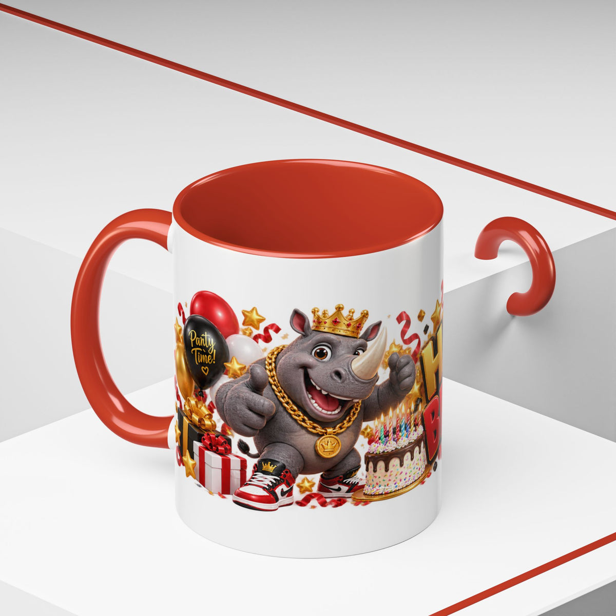 Happy Birthday Rhino Mug – Colorful 3D Birthday Gift – White Coffee Mug