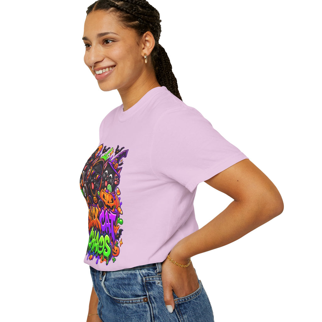 Neon Black Cat Halloween Chaos T-Shirt | Cute Spooky Cat Graphic Tee