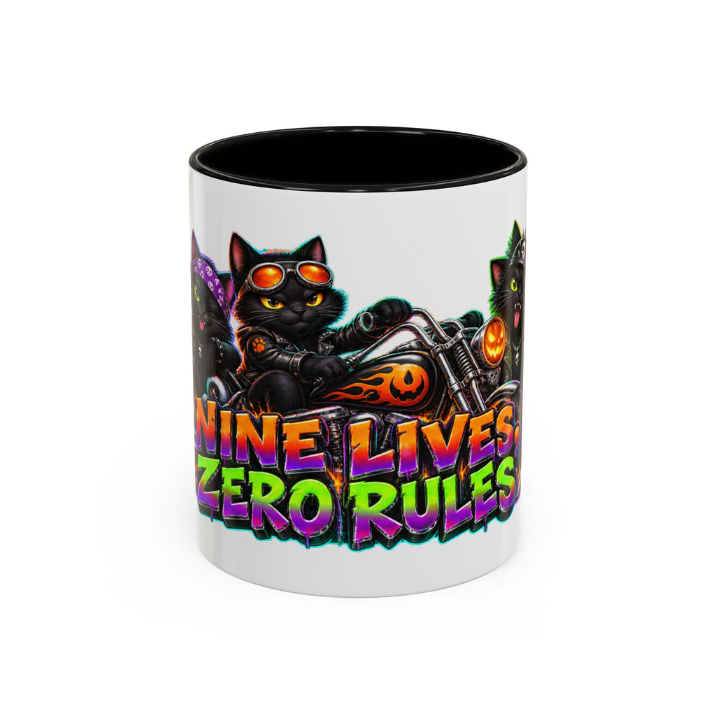 Nine Lives Zero Rules Biker Cats Halloween White Mug