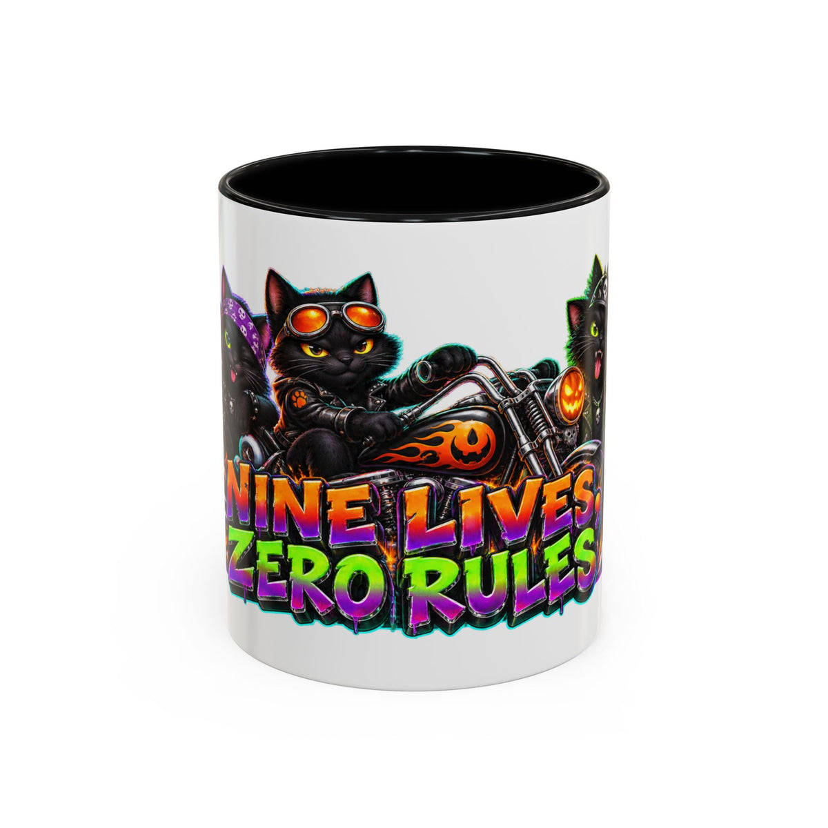 Nine Lives Zero Rules Biker Cats Halloween White Mug