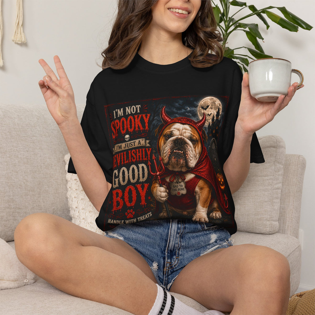 Halloween Bulldog T-Shirt — "I'm Not Spooky, I'm Just Devilishly Good Boy"