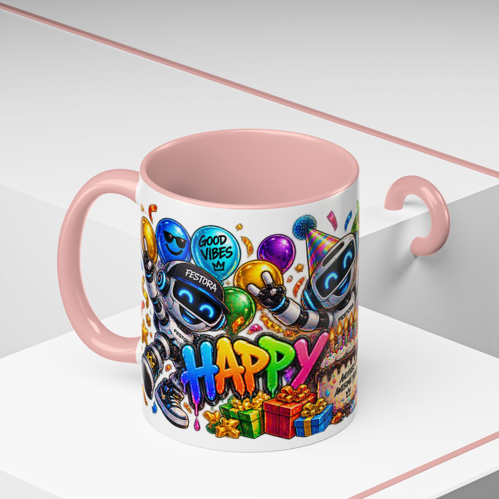 Birthday Robot Coffee Mug — Colorful Happy Birthday Accent Mug (11oz)