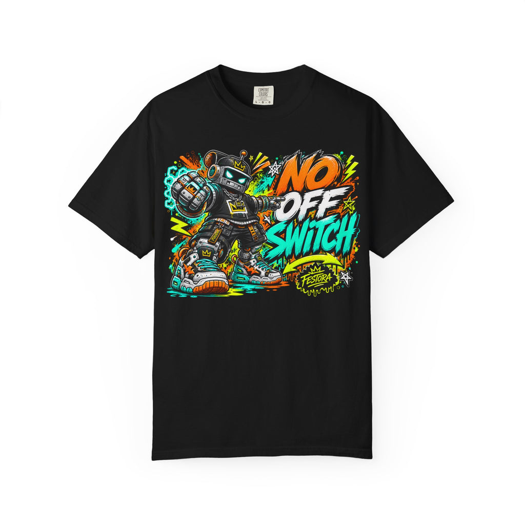 No Off Switch Robot Graphic T-Shirt — Bold Retro Streetwear Design