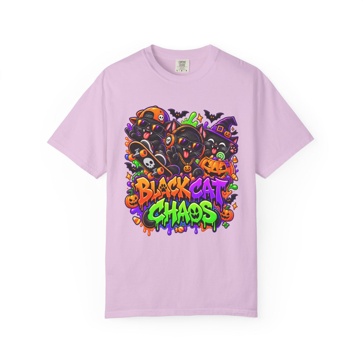 Neon Black Cat Halloween Chaos T-Shirt | Cute Spooky Cat Graphic Tee