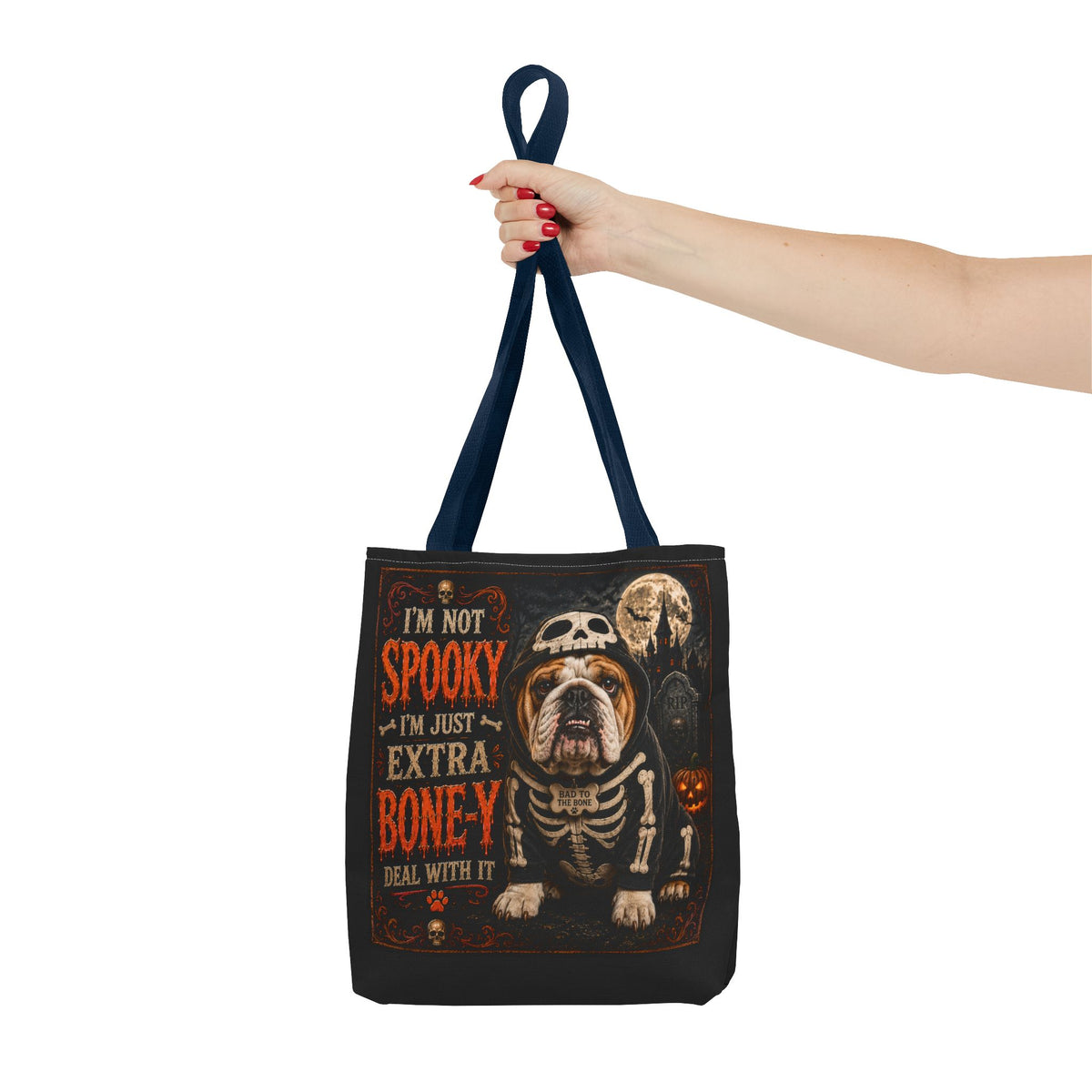 Halloween Bulldog Tote Bag – "I’m Not Spooky, I’m Just Extra Boney" All-Over Print