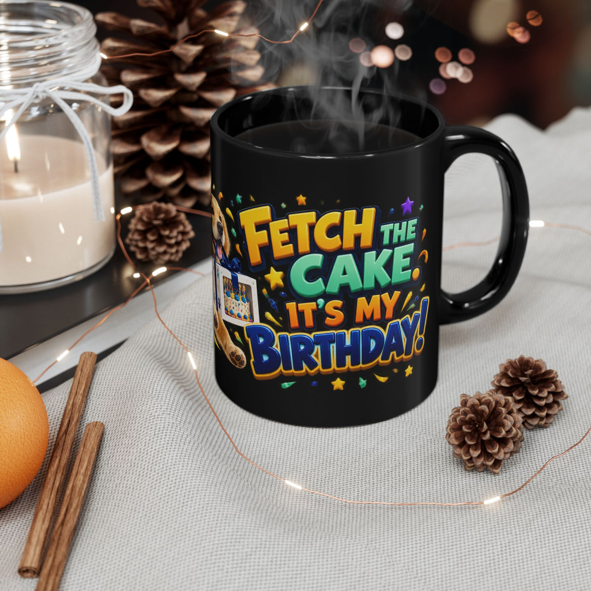 Fetch the Cake Golden Retriever Birthday Black Mug