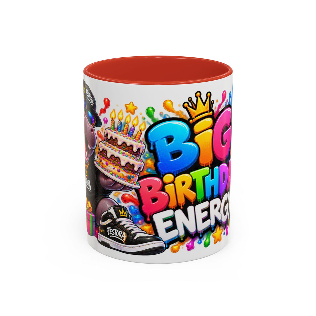 BIG BIRTHDAY ENERGY! White Ceramic Mug – Funny Hippo Birthday Coffee Cup – Colorful Party Gift – Original FestoraShop Design