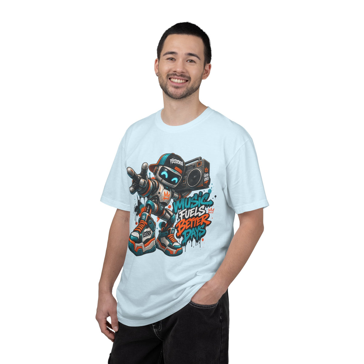 Music Fuels Better Days T-Shirt — Retro Robot Boombox Streetwear