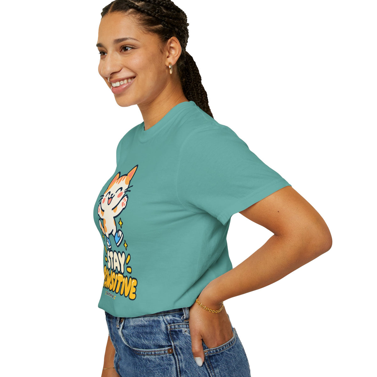 Stay Pawsitive – Cute Happy Cat Graphic T-Shirt
