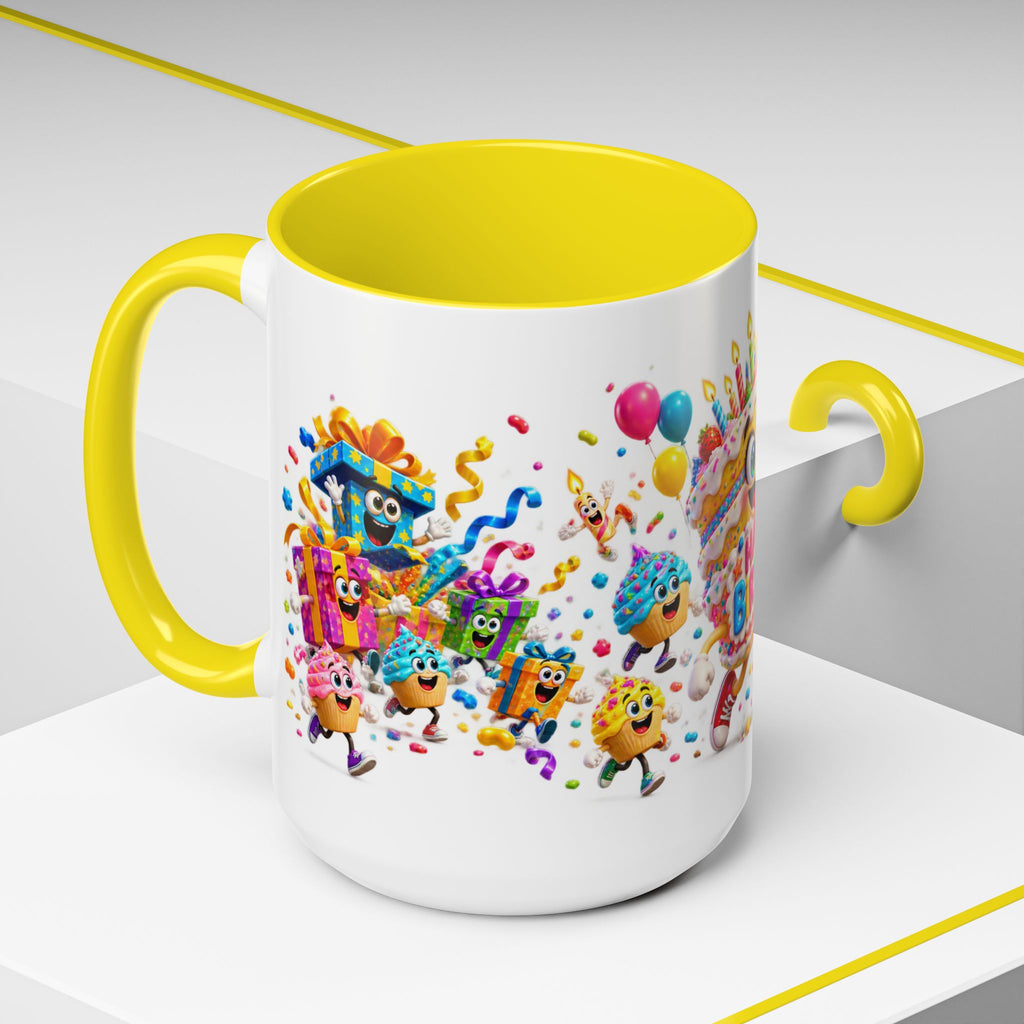 Birthday Party Coffee Mug – Colorful Happy Birthday Cake & Balloon Design (11/15oz Accent Mug)