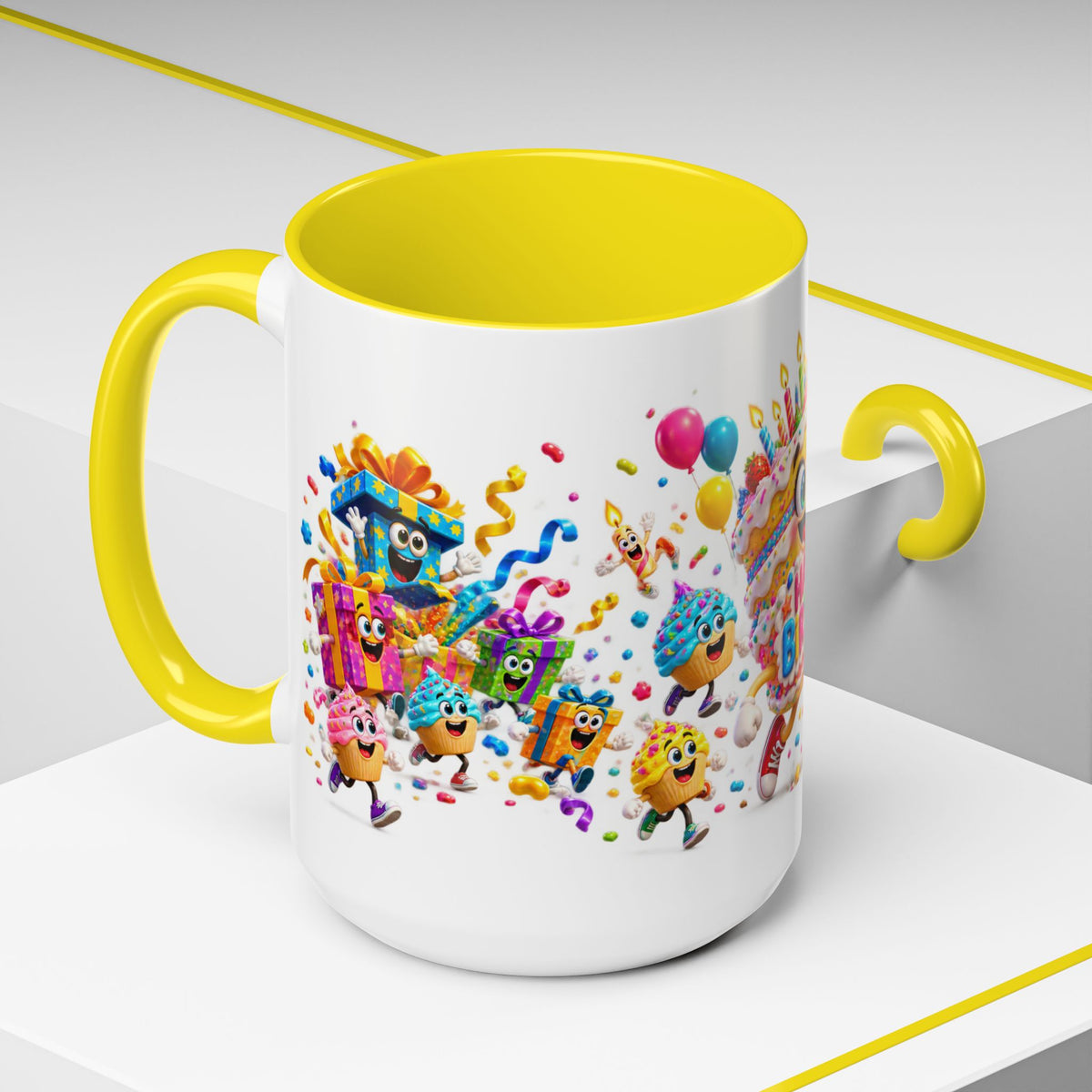 Birthday Party Coffee Mug – Colorful Happy Birthday Cake & Balloon Design (11/15oz Accent Mug)
