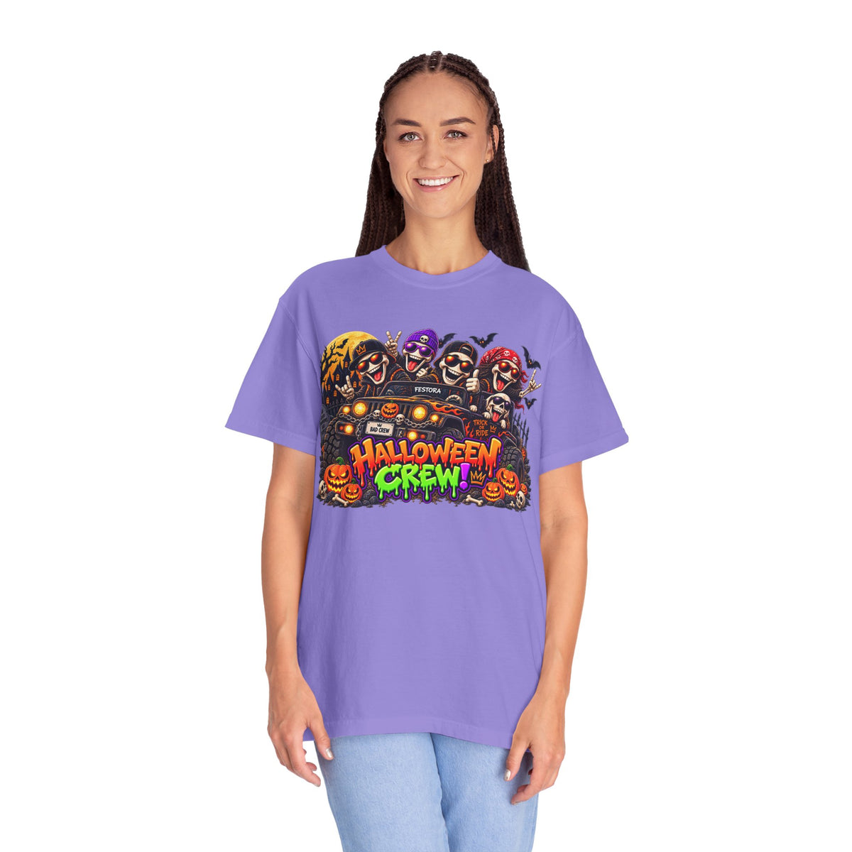 Halloween Crew T-Shirt – Skeleton Jeep Spooky Graphic Tee