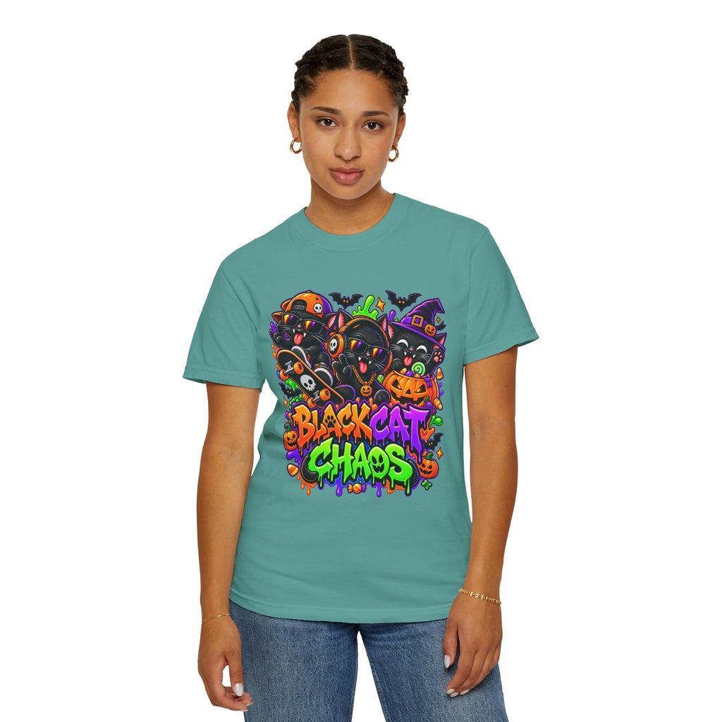 Neon Black Cat Halloween Chaos T-Shirt | Cute Spooky Cat Graphic Tee
