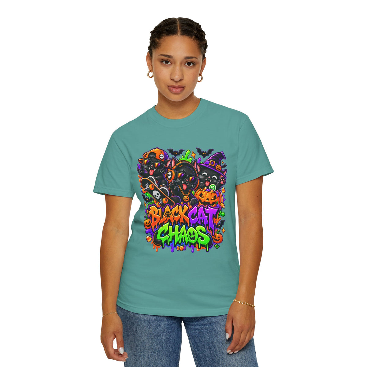 Neon Black Cat Halloween Chaos T-Shirt | Cute Spooky Cat Graphic Tee
