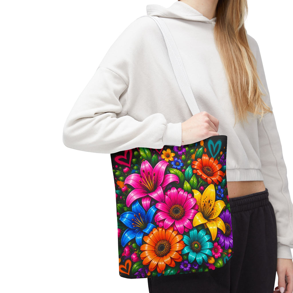 Festora Floral Burst Tote Bag — Colorful Flowers on Black