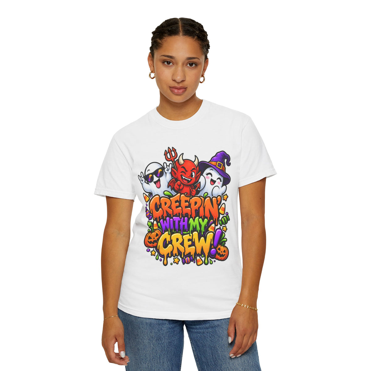 Creepin’ With My Crew Halloween T-Shirt – Colorful Funny Ghost & Devil Graphic Tee