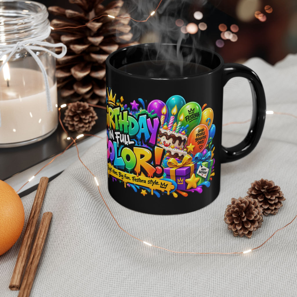 Birthday in Full Color Black Mug – Festora Chameleon Birthday Cup