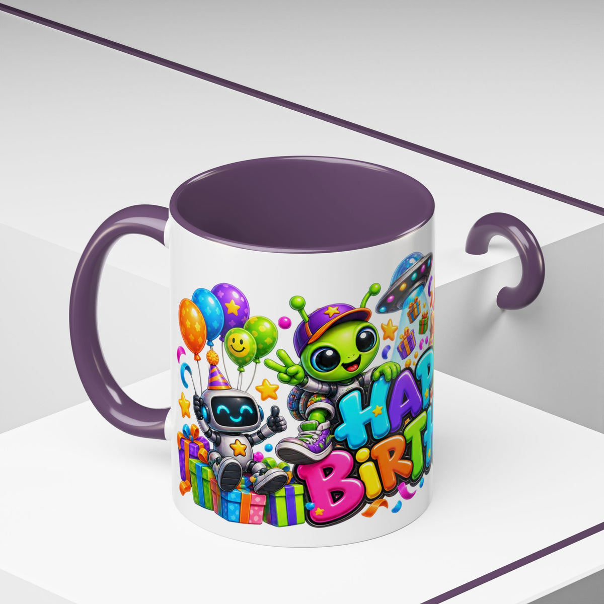 Happy Birthday Space Party Mug – Cute Aliens, Robots, UFO & Colorful 3D Birthday Design