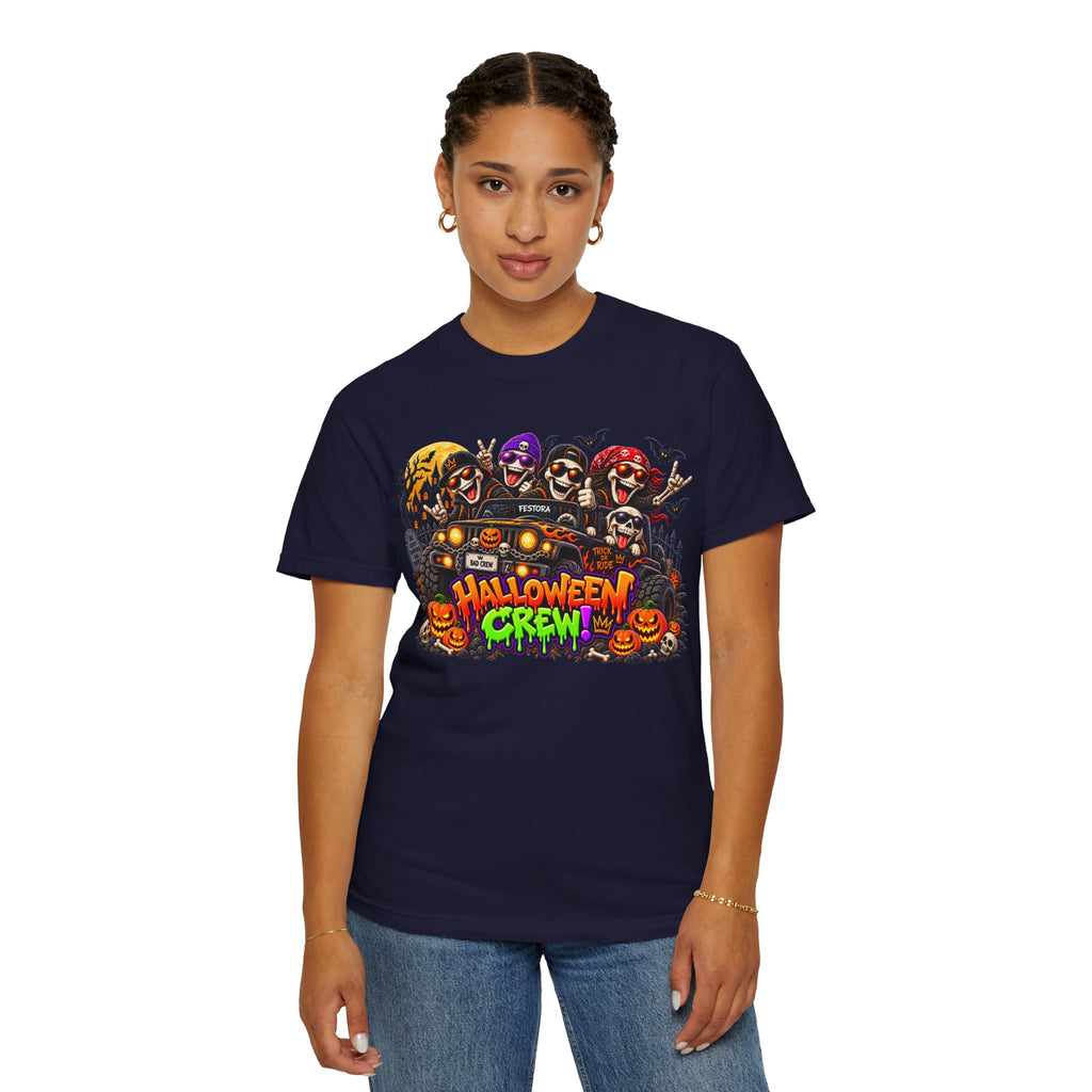 Halloween Crew T-Shirt – Skeleton Jeep Spooky Graphic Tee