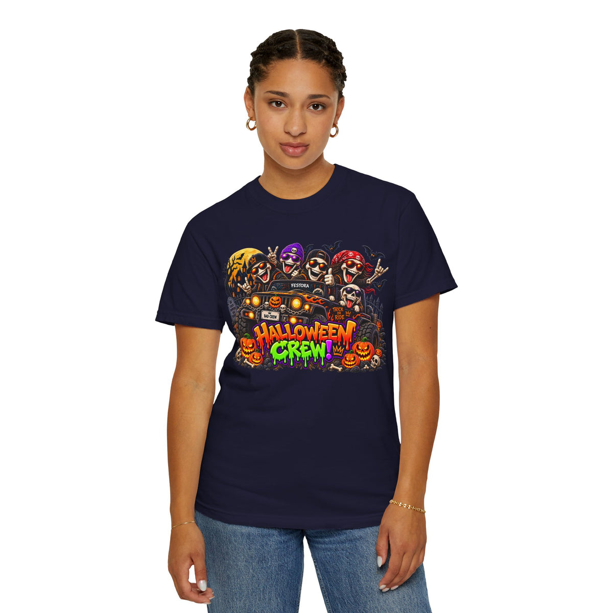 Halloween Crew T-Shirt – Skeleton Jeep Spooky Graphic Tee