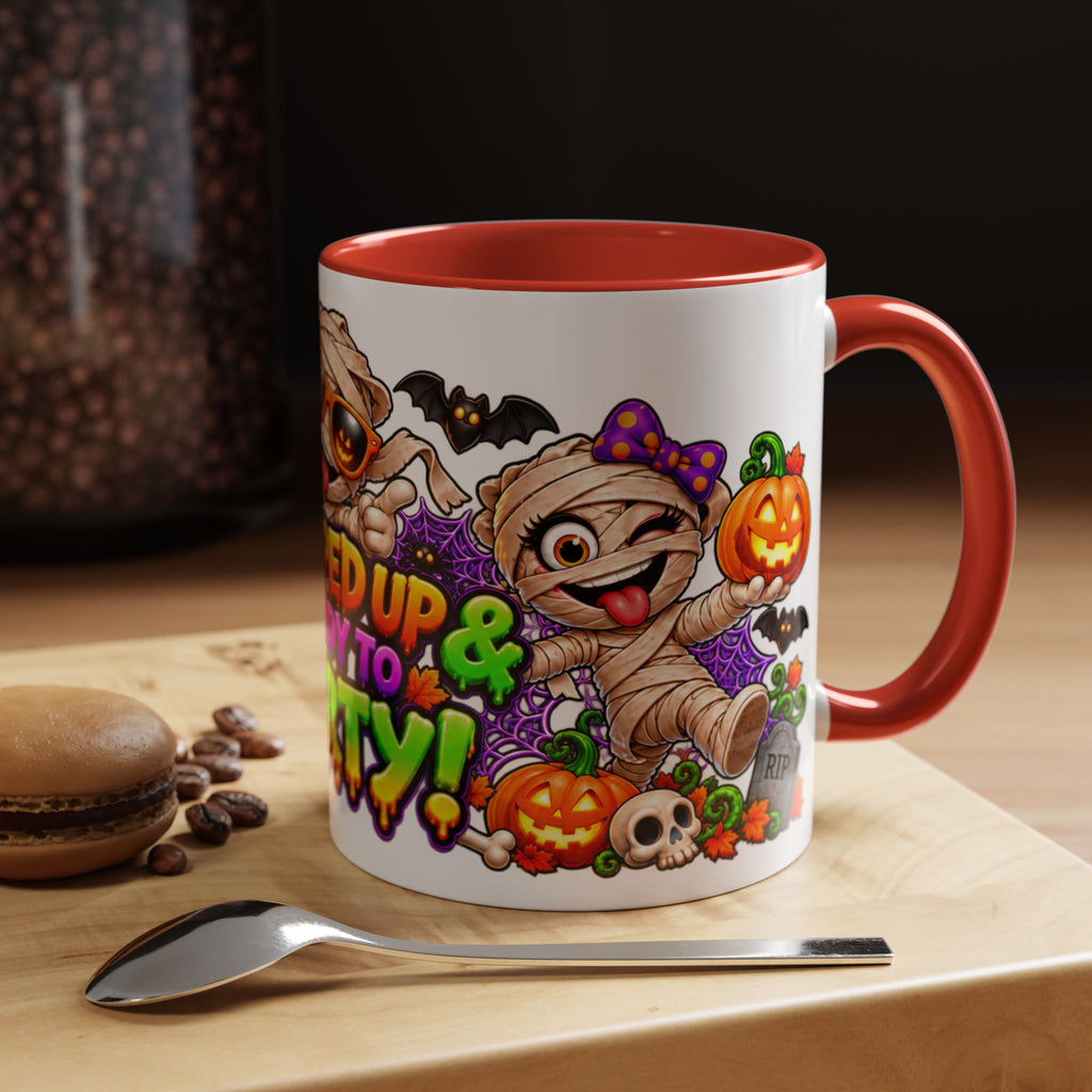 Wrapped Up & Ready to Party White Mug – Funny Mummies & Spooky Party Design