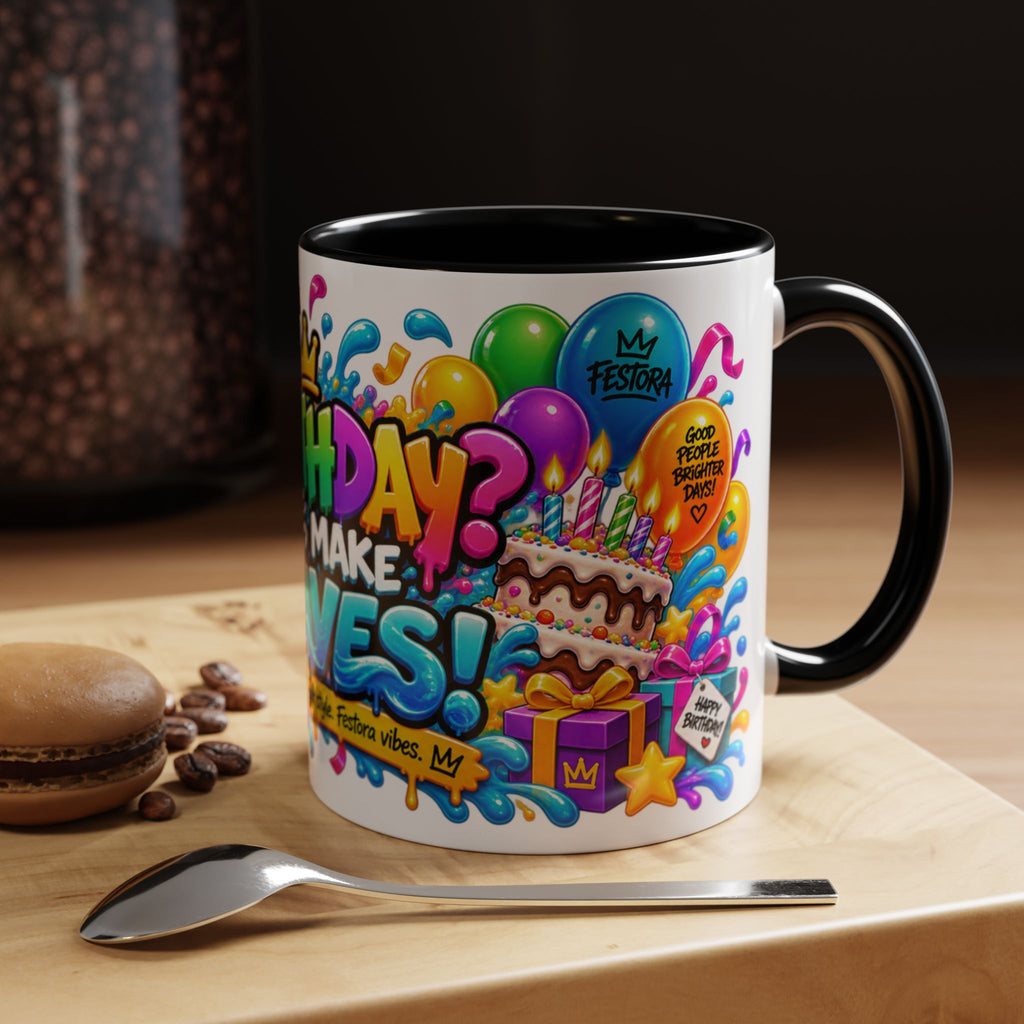 BIRTHDAY? LET’S MAKE WAVES! White Ceramic Mug – Funny Shark Birthday Coffee Cup – Original FestoraShop Design