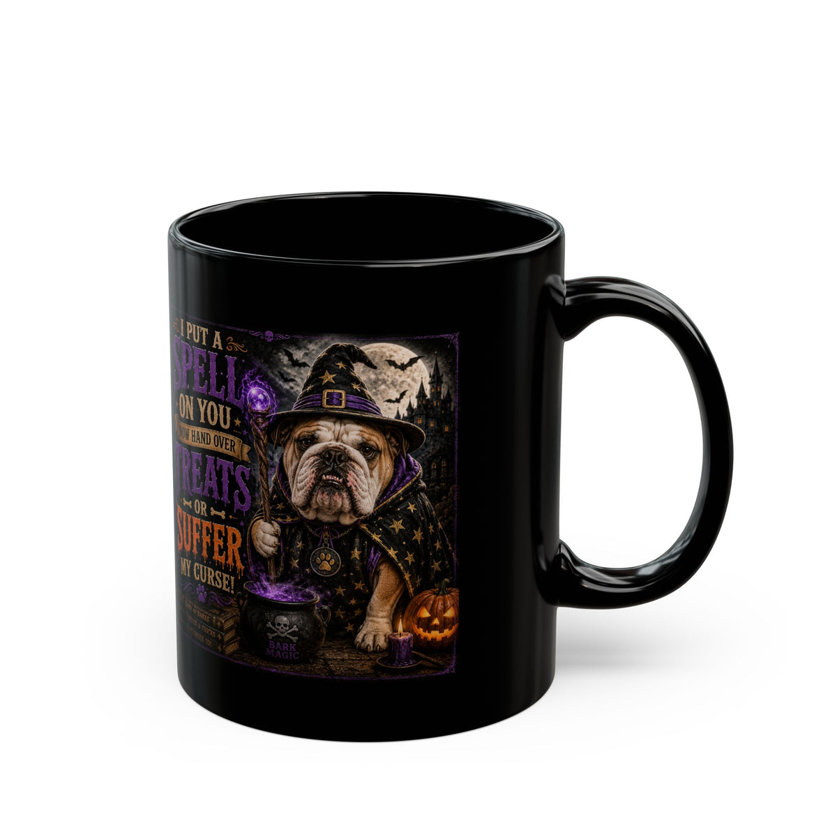 Halloween Witch Bulldog Coffee Mug – “I Put a Spell on You” Black Mug (11oz/15oz)