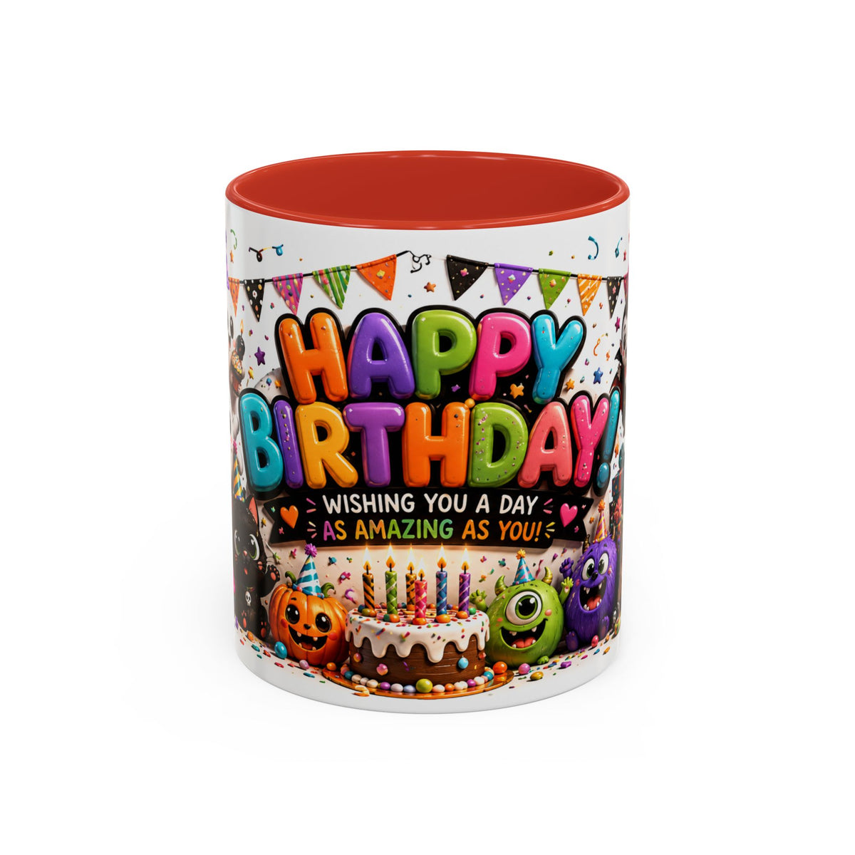 Happy Birthday Accent Coffee Mug — Colorful 3D Birthday Party Design (11/15oz)