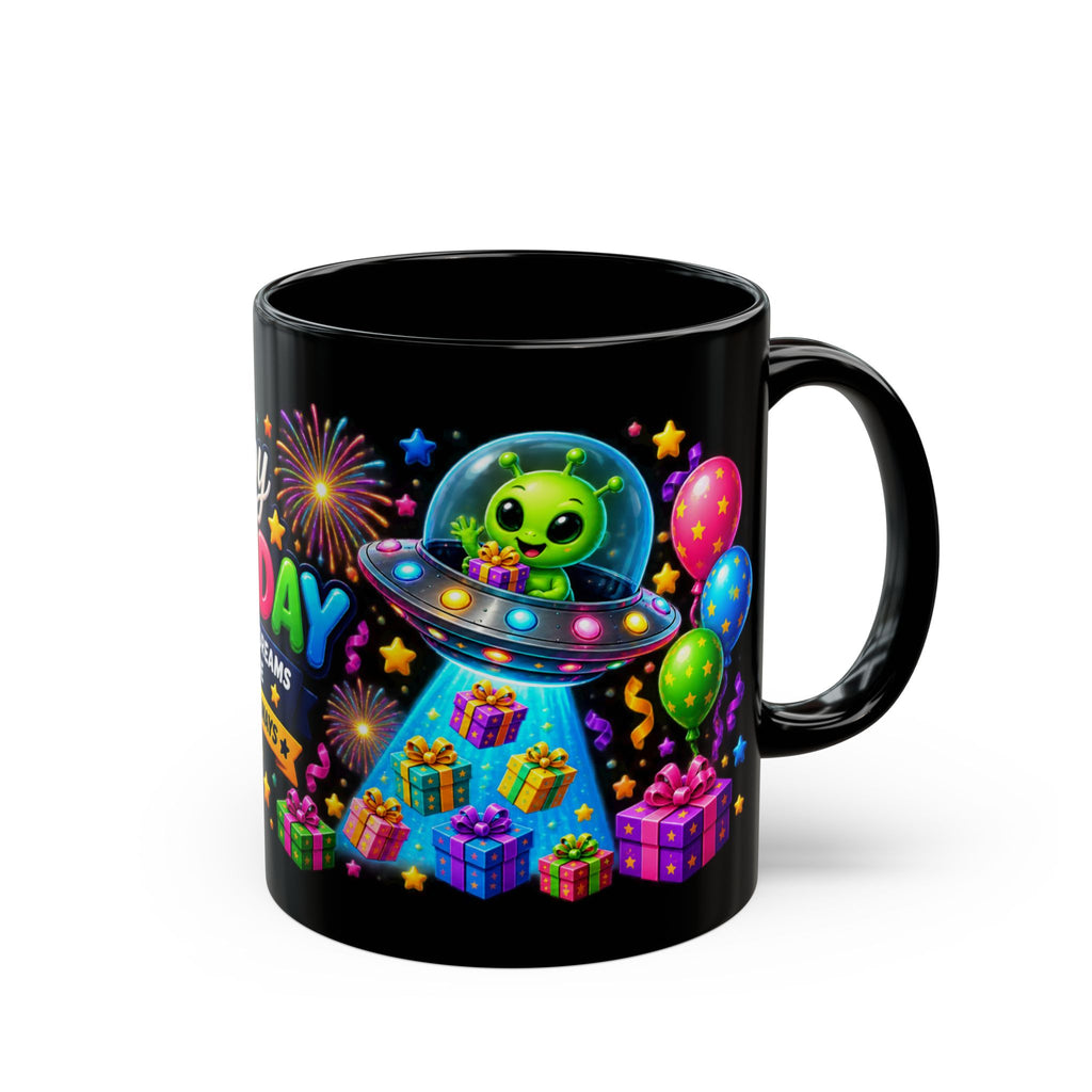 Happy Birthday Alien Mug — Colorful UFO Birthday Coffee Cup (11oz)