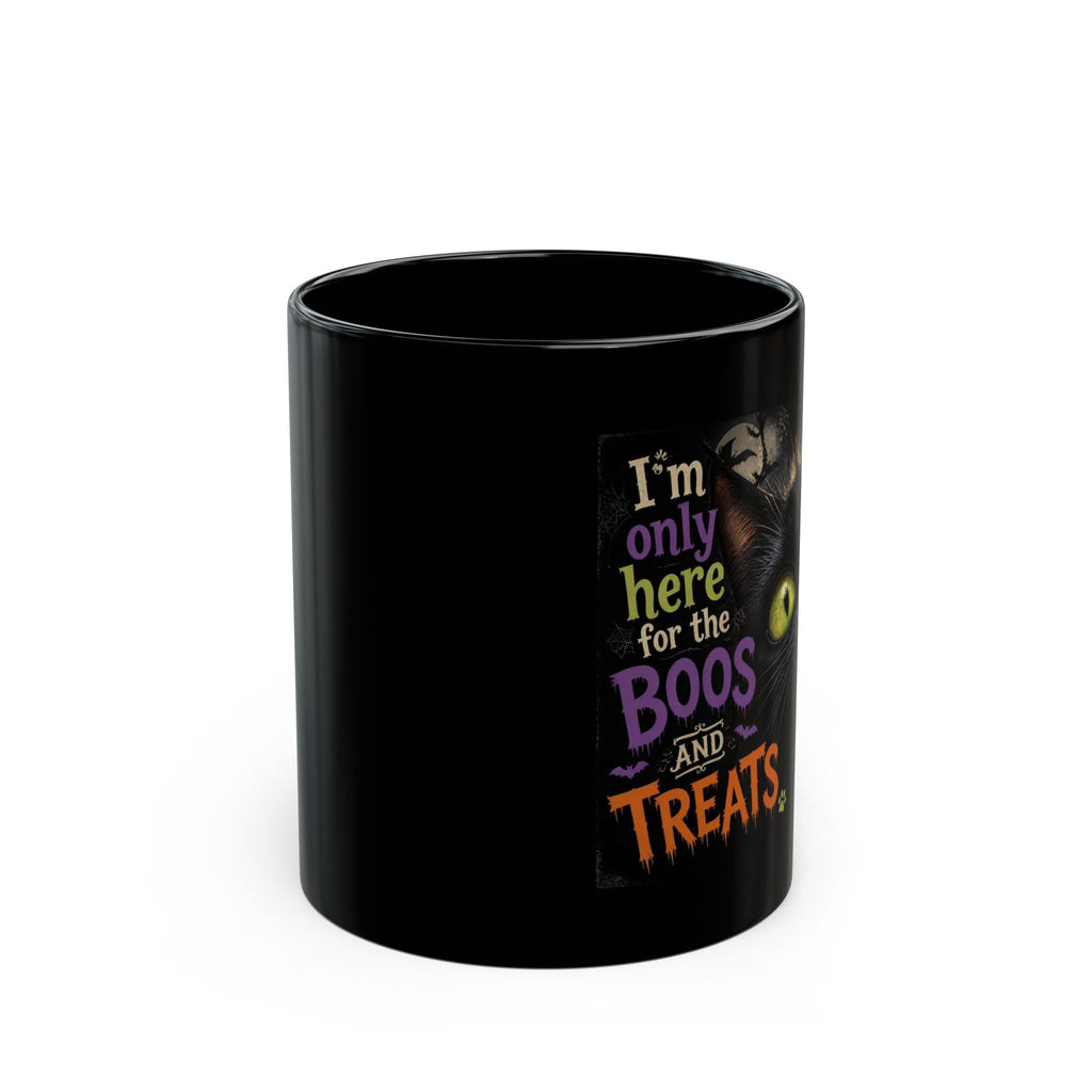 Halloween Cat Mug — "I'm Only Here for the Boos and Treats" Black Coffee Cup