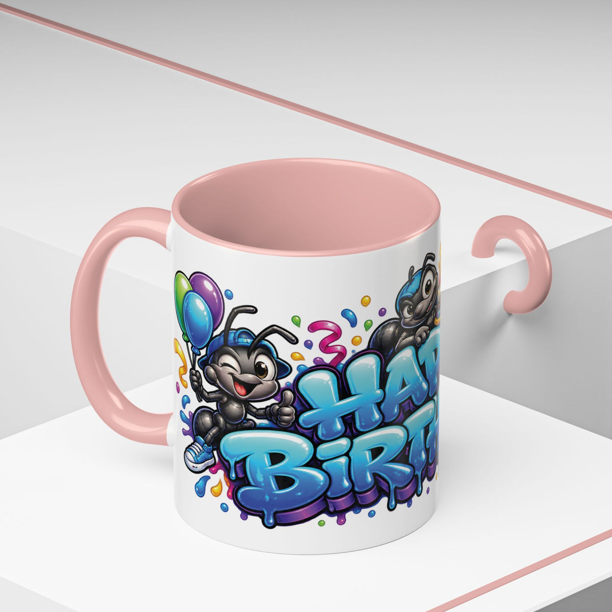 Happy Birthday Cartoon Mug – Graffiti Ants, Birthday Cake, Balloons & Confetti Coffee Cup