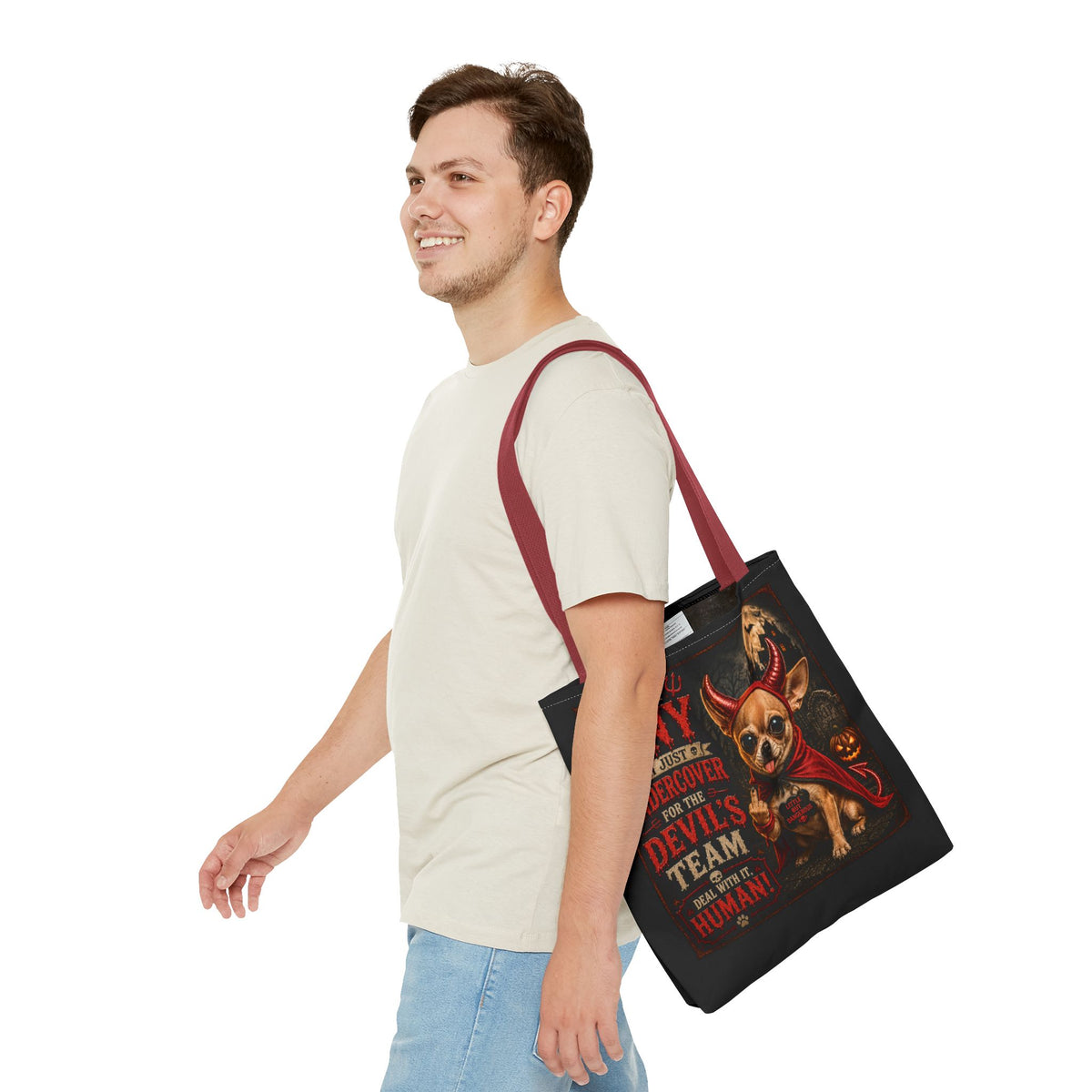 Devil Costume Chihuahua Tote Bag — "I'm Not Tiny, I'm Just Undercover for the Devil's Team" Halloween Tote