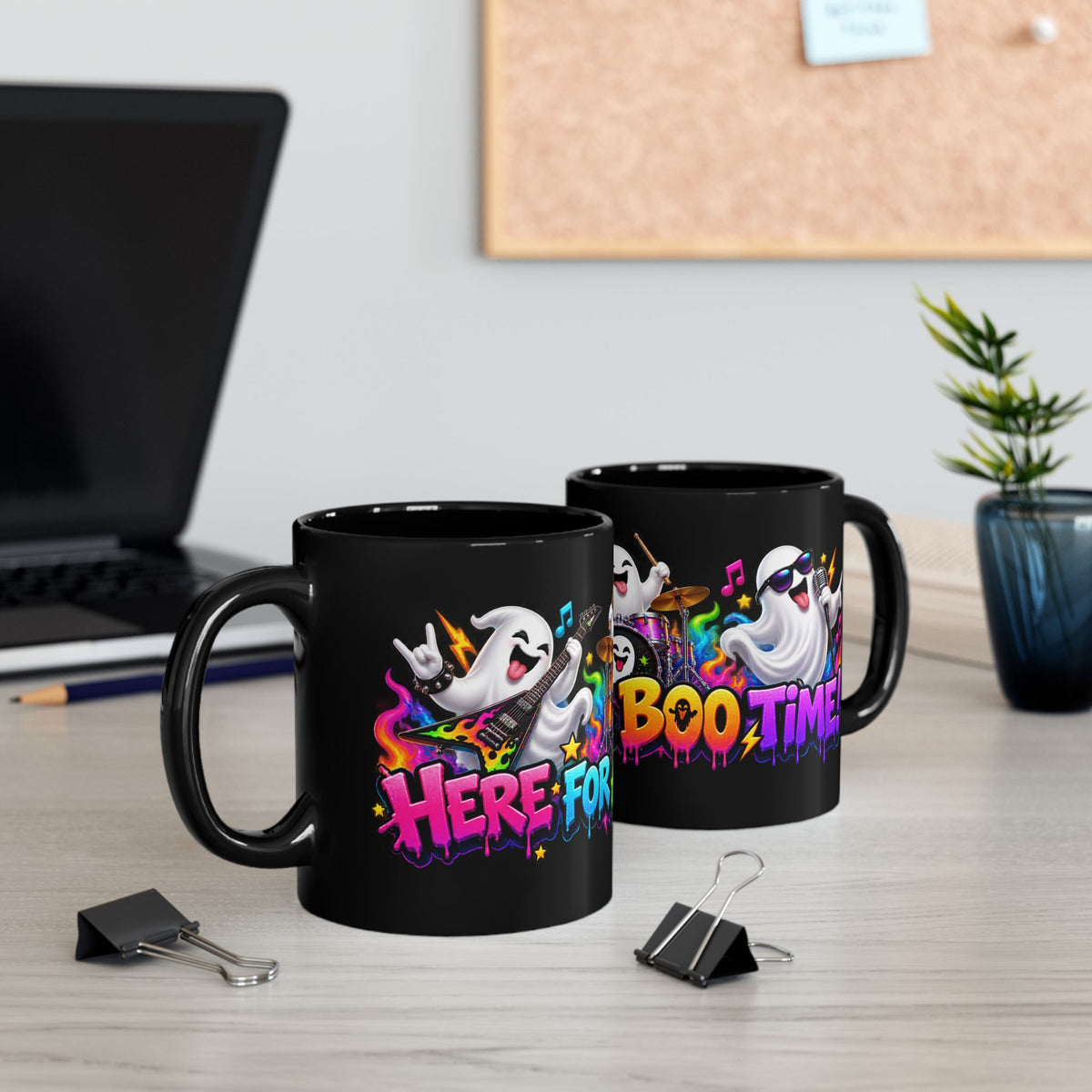 Here for a Boo Time Halloween Ghost Rock Band Black Mug