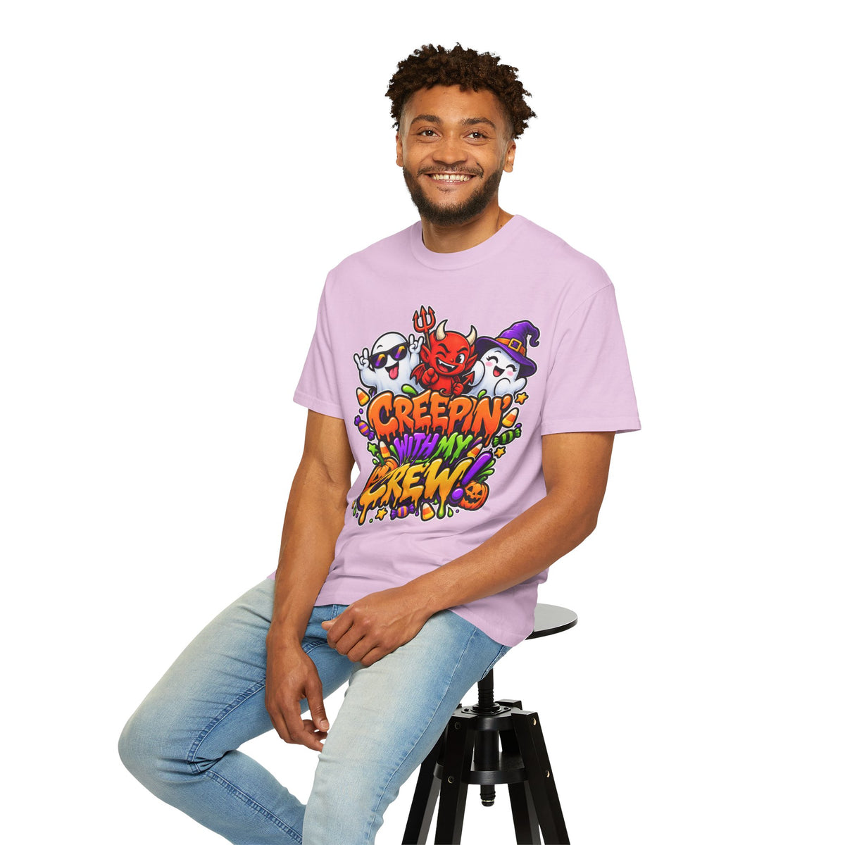 Creepin’ With My Crew Halloween T-Shirt – Colorful Funny Ghost & Devil Graphic Tee